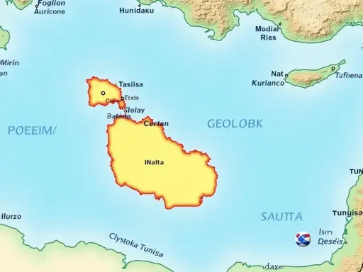 Mapa archipelagu Malta z zaznaczonymi wyspami i okolicznymi lądami.