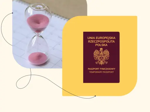 Klepsydra na kalendarzu obok polskiego paszportu tymczasowego.