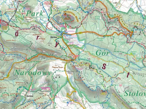 Mapa turystyczna Gór Stołowych z zaznaczonymi szlakami, punktami widokowymi i miejscowościami.