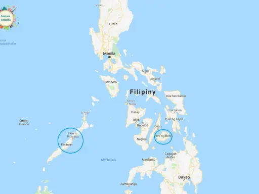 Mapa Filipin z zaznaczonymi wyspami Palawan i Bohol.