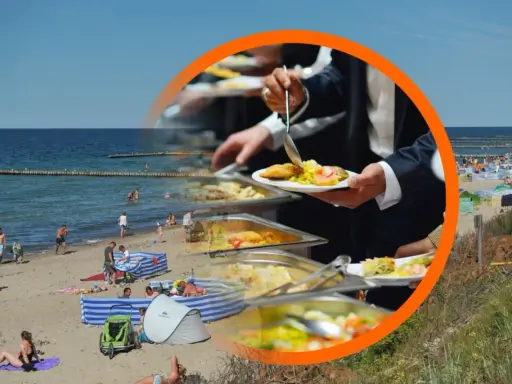Plaża w Chorwacji, ludzie odpoczywają, a w tle bufet z jedzeniem. Sprawdź, jakie są ceny w Chorwacji, by zaplanować wakacje.