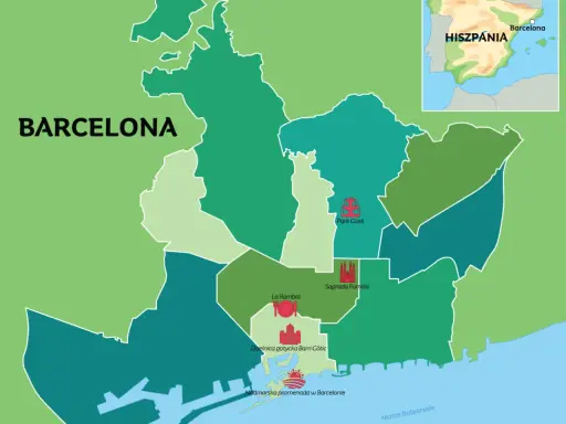 Mapa Barcelony z zaznaczonymi dzielnicami i atrakcjami turystycznymi, w tym Park Güell i Sagrada Familia.