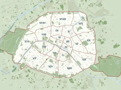 Mapa Paryża podzielona na dzielnice (arrondissements) z zaznaczonymi granicami.