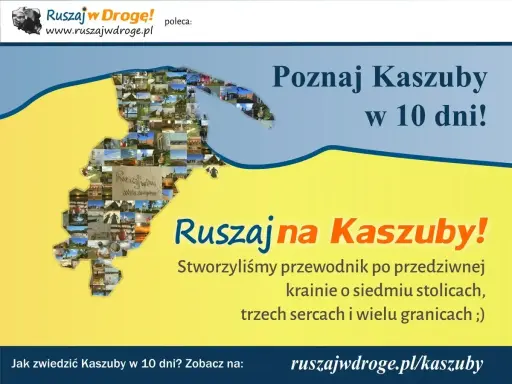 Mapa Kaszub złożona z małych zdjęć atrakcji, z napisem "Ruszaj na Kaszuby!".