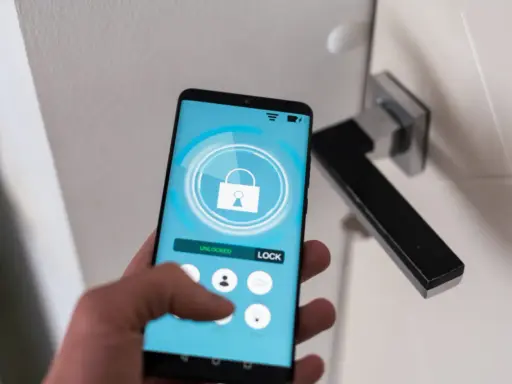 Smartfon z aplikacją do zarządzania domem. Widzimy ikonę otwartej kłódki i przycisk "LOCK". To jest właśnie check in co to.