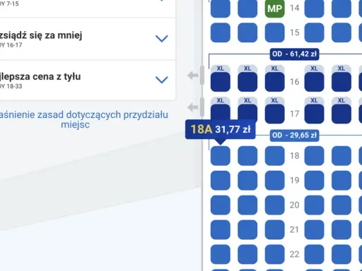 Wybierz miejsce w samolocie Ryanair, przeglądając dostępne opcje, np. "Rozsiądź się za mniej" lub "Najlepsza cena z tyłu".