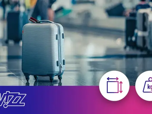 Szara walizka na lotnisku, ikony wymiarów i wagi, logo Wizz Air.