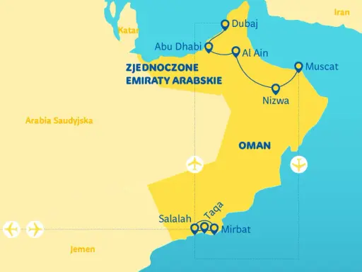 Mapa Półwyspu Arabskiego z zaznaczonym Omanem, Zjednoczonymi Emiratami Arabskimi i innymi krajami regionu.