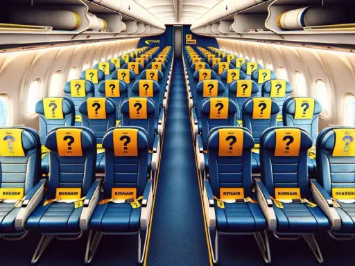 Puste miejsca w samolocie Ryanair, każde z żółtym zagłówkiem i znakiem zapytania. Czekasz na swój losowy wybór miejsca w samolocie?