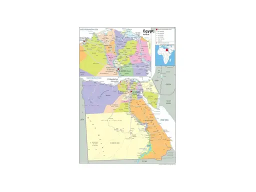 Mapa polityczna Egiptu z zaznaczonymi granicami z Libią, Sudanem, Izraelem i Jordanią.