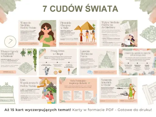Ilustracja przedstawia kolaż grafik i tekstu o 7 cudach świata, w tym piramid, posągów i świątyń.