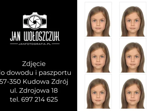 Sześć identycznych zdjęć dziewczynki do dokumentów na białym tle.