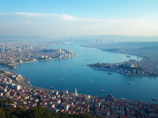 Widok na miasto z zabudowaniami i rzekę w tle, z widocznymi statkami i mostem.