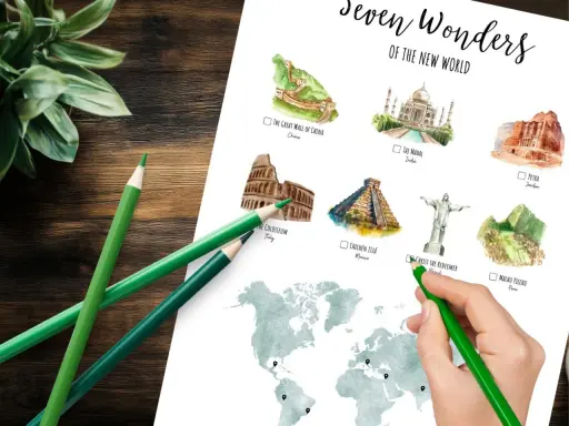 Ilustracje 7 cudów świata na mapie świata, zielone kredki i roślina.