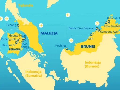 Mapa Malezji, Brunei i części Indonezji z zaznaczonymi miastami i trasami lotniczymi.