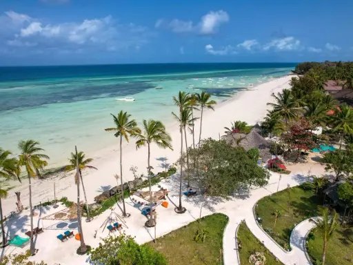 Plaża na Zanzibarze z palmami, turkusową wodą i łodziami.
