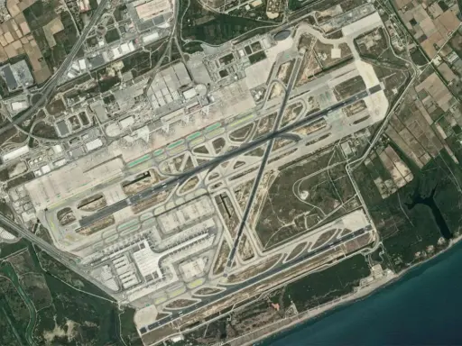 Widok satelitarny lotniska Barcelona El Prat. Widać pasy startowe, drogi kołowania, terminale i otaczające tereny rolnicze oraz morze.