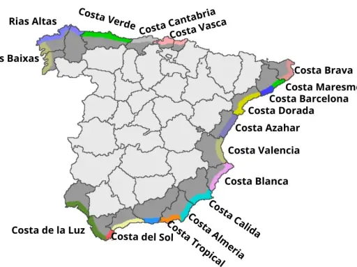 Mapa Hiszpanii z zaznaczonymi regionami wybrzeża, np. Costa Brava, Costa del Sol.