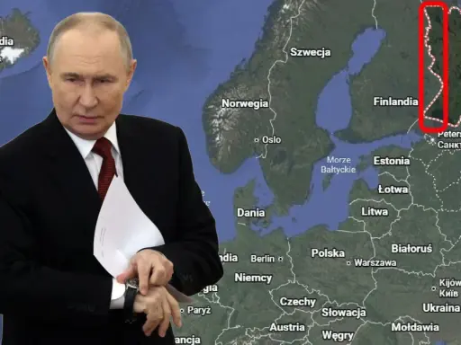 Władimir Putin na tle mapy Europy z zaznaczonym fragmentem Finlandii.