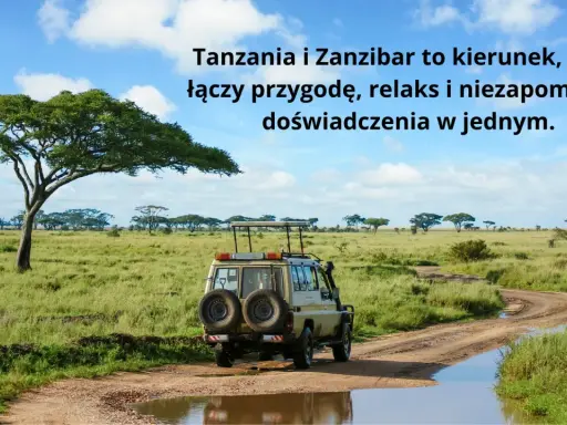 Samochód terenowy na drodze w afrykańskiej sawannie, z akacjami w tle.