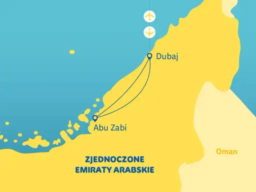Mapa Zjednoczonych Emiratów Arabskich z zaznaczonym Dubajem i Abu Zabi, z ikonami samolotów.