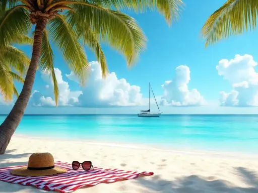 Plaża z palmami, ręcznikiem, kapeluszem i okularami przeciwsłonecznymi, na tle turkusowego morza i żaglówki.