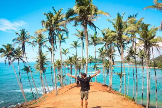 Człowiek z rozłożonymi rękami na tle palm i turkusowego oceanu. Marzysz o podróży? Sri Lanka ile trwa lot, warto sprawdzić!