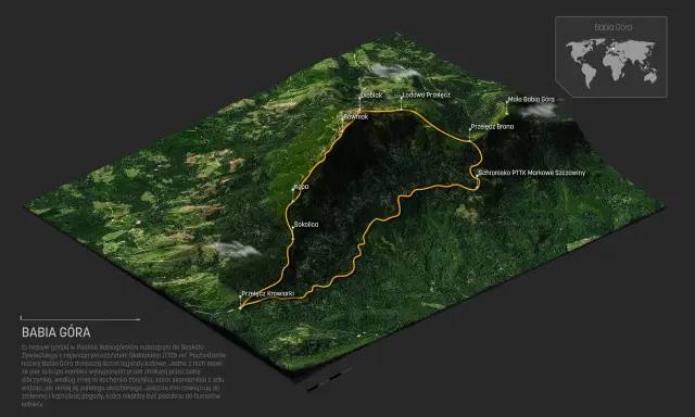 Trójwymiarowa mapa satelitarna Babiej Góry z zaznaczoną trasą i nazwami szczytów.