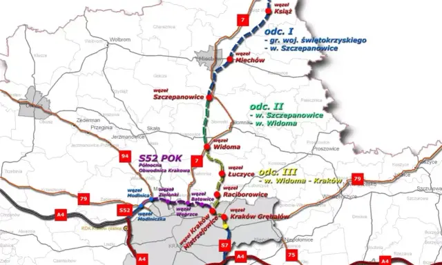 Mapa drogowa Polski z zaznaczonymi odcinkami dróg ekspresowych S52 i S7, węzłami i miastami.