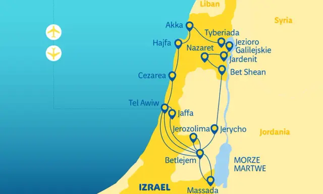 Mapa Izraela z zaznaczoną trasą podróży i lotniskami.