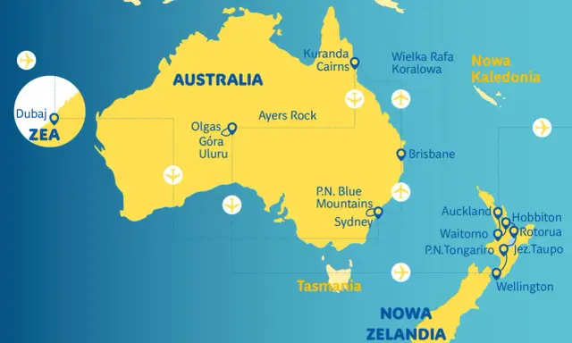 Mapa Australii i Nowej Zelandii z zaznaczonymi atrakcjami turystycznymi i lotniskami.