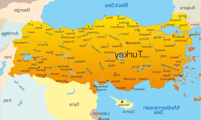 Mapa Turcji z zaznaczonymi regionami i miastami.