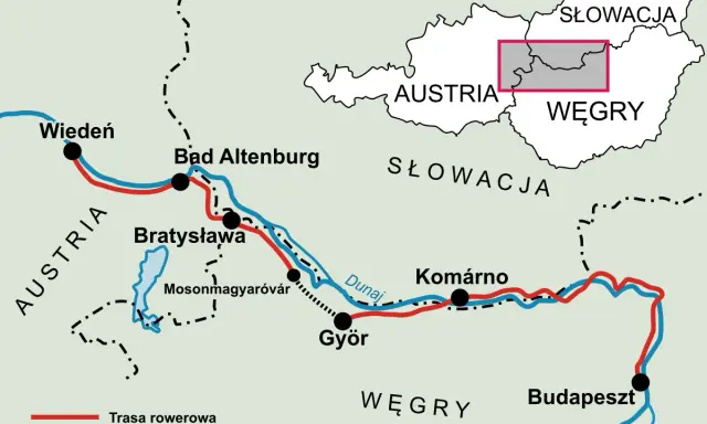Mapa Europy Środkowej z zaznaczonym Dunajem, trasami rowerowymi i kolejowymi między Wiedniem a Budapesztem.