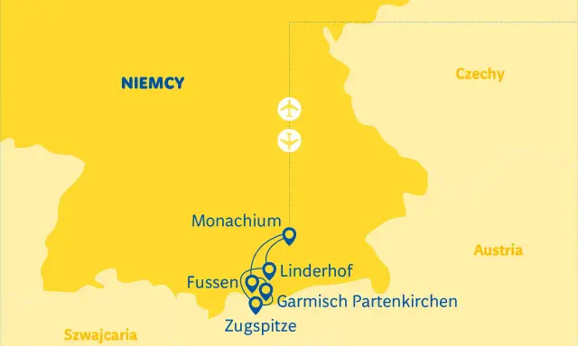 Mapa Bawarii z zaznaczonymi Monachium, Fussen, Linderhof, Garmisch-Partenkirchen i Zugspitze.