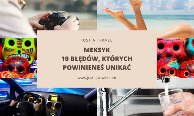 Kolaż zdjęć: ręce z aparatem, plaża, kolorowe czaszki, wnętrze samochodu, nalewanie wody do szklanki.