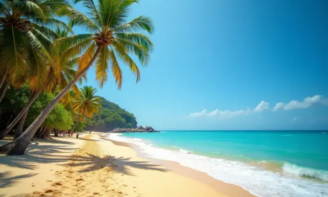 Plaża ze Sri Lanki z palmami, turkusową wodą i piaszczystym brzegiem.