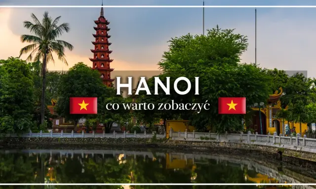 Pagoda w Hanoi nad jeziorem, z palmą i flagą Wietnamu.