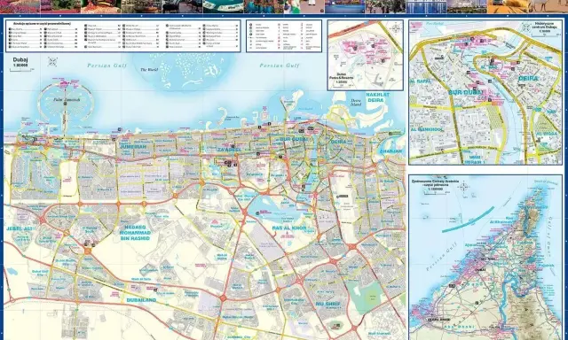 Mapa Dubaju z zaznaczonymi atrakcjami, Palm Jumeirah i Zatoką Perską.