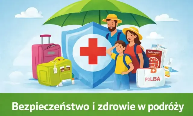 Rodzina pod parasolem ochrony z bagażem, apteczką i paszportem.