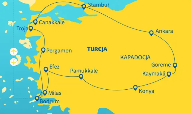 Mapa Turcji z zaznaczonymi miastami i trasą podróży: Stambuł, Ankara, Kapadocja, Pamukkale, Efez, Pergamon, Troja, Canakkale, Milas, Bodrum.