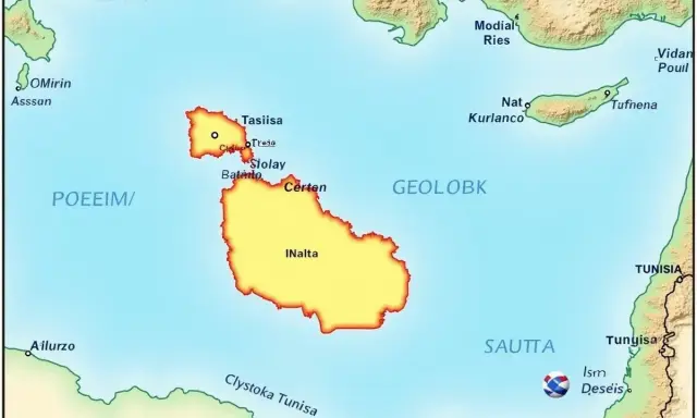 Mapa archipelagu Malta z zaznaczonymi wyspami i okolicznymi lądami.