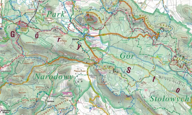 Mapa turystyczna Gór Stołowych z zaznaczonymi szlakami, punktami widokowymi i miejscowościami.