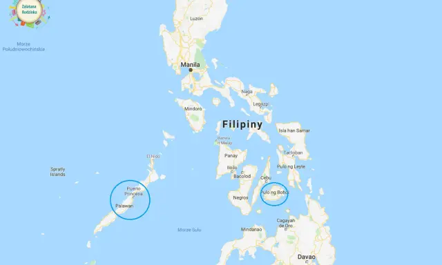Mapa Filipin z zaznaczonymi wyspami Palawan i Bohol.