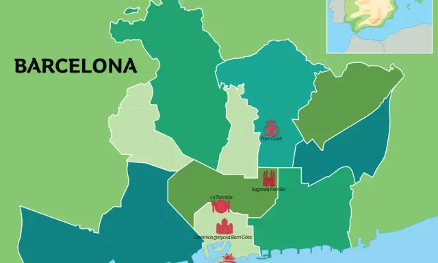 Mapa Barcelony z zaznaczonymi dzielnicami i atrakcjami turystycznymi, w tym Park Güell i Sagrada Familia.