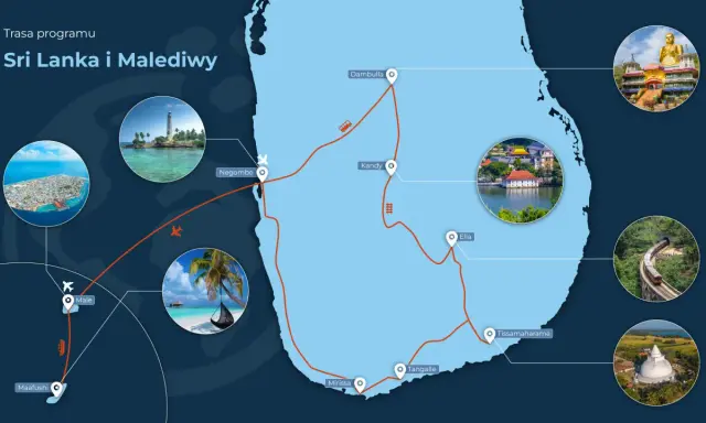 Mapa Sri Lanki i Malediwów z zaznaczonymi trasami podróży i zdjęciami atrakcji.