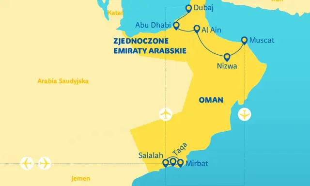 Mapa Półwyspu Arabskiego z zaznaczonym Omanem, Zjednoczonymi Emiratami Arabskimi i innymi krajami regionu.