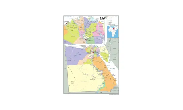 Mapa polityczna Egiptu z zaznaczonymi granicami z Libią, Sudanem, Izraelem i Jordanią.