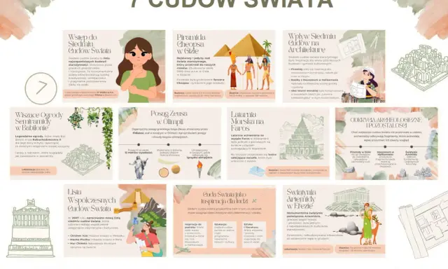 Ilustracja przedstawia kolaż grafik i tekstu o 7 cudach świata, w tym piramid, posągów i świątyń.