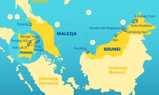Mapa Malezji, Brunei i części Indonezji z zaznaczonymi miastami i trasami lotniczymi.