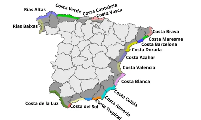 Mapa Hiszpanii z zaznaczonymi regionami wybrzeża, np. Costa Brava, Costa del Sol.